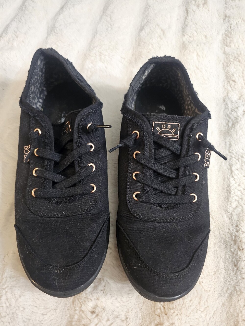 BOBS from Skechers Black Canvas Lace-Up Sneakers with Rose Gold Eyelets